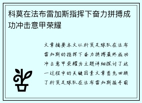 科莫在法布雷加斯指挥下奋力拼搏成功冲击意甲荣耀 科莫在法布雷加斯指挥下奋力拼搏成功冲击意甲荣耀